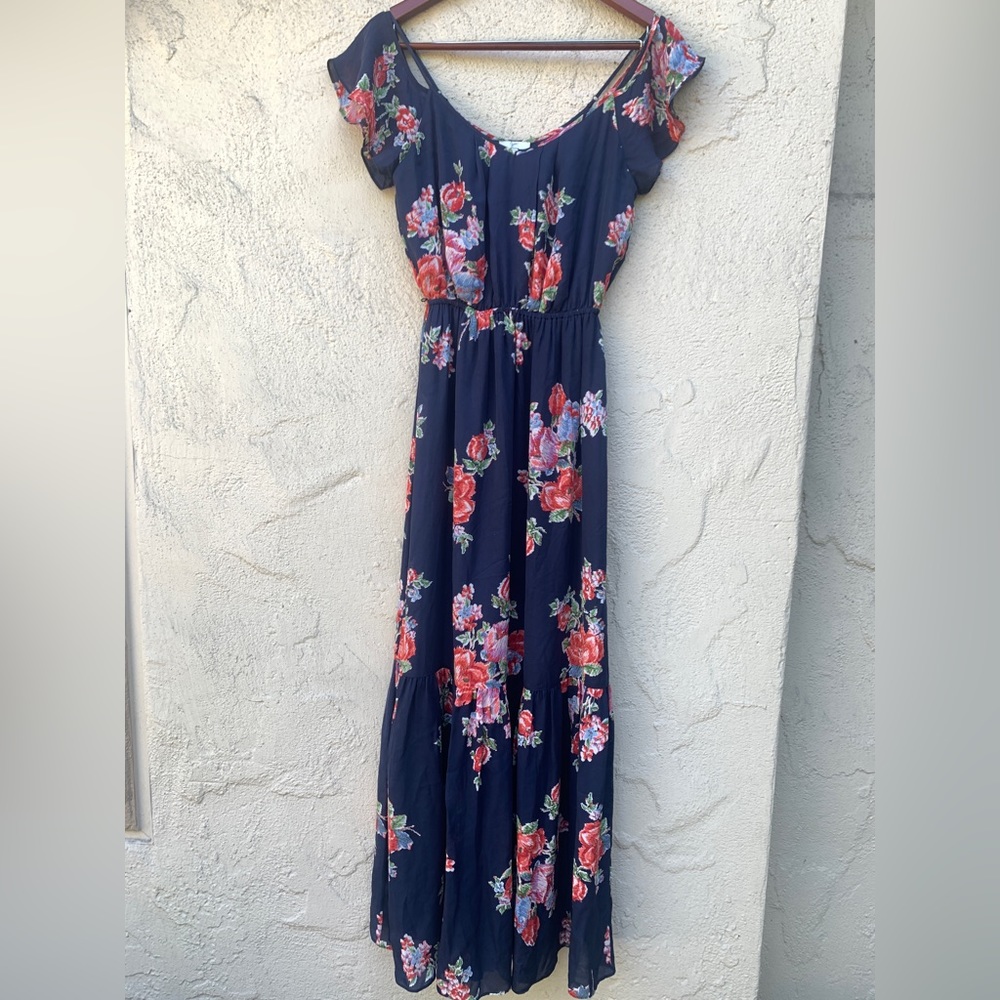 JOIE 100% Silk Off Shoulder Maxi Dress Navy Blue Floral Lined size xs